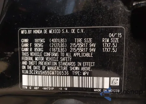 2016 Honda Hr-V Ex from USA, damaged, VIN 3CZRU5H55GM706536